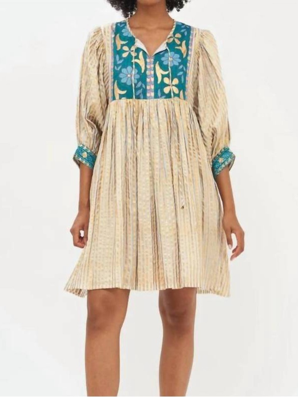 Oliphant Cuff Sleeve Mini Dress in Regent Gold, Size XS, Hand Block Print